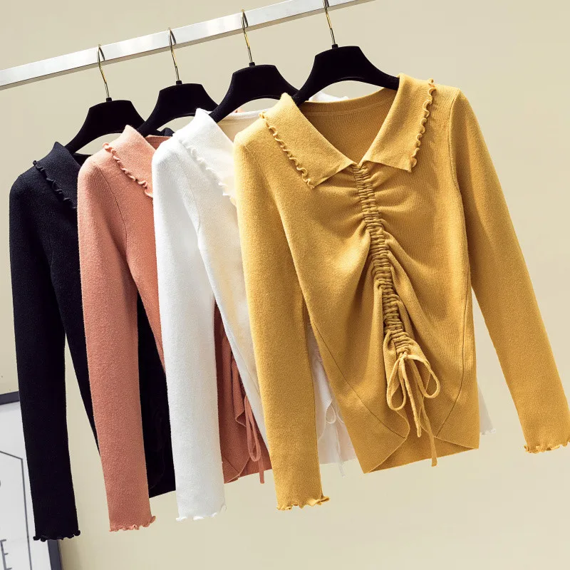 Solid Ruffle Sweater Women Long Sleeve Knitted Cashmere Pullover Autumn Fashion Drawstring Turn Down Collar Pure Jumper Sweater
Solid Ruffle Sweater Women Long Sleeve Knitted Cashmere Pullover Autumn Fashion Drawstring Turn Down Collar Pure Jumper Sweater