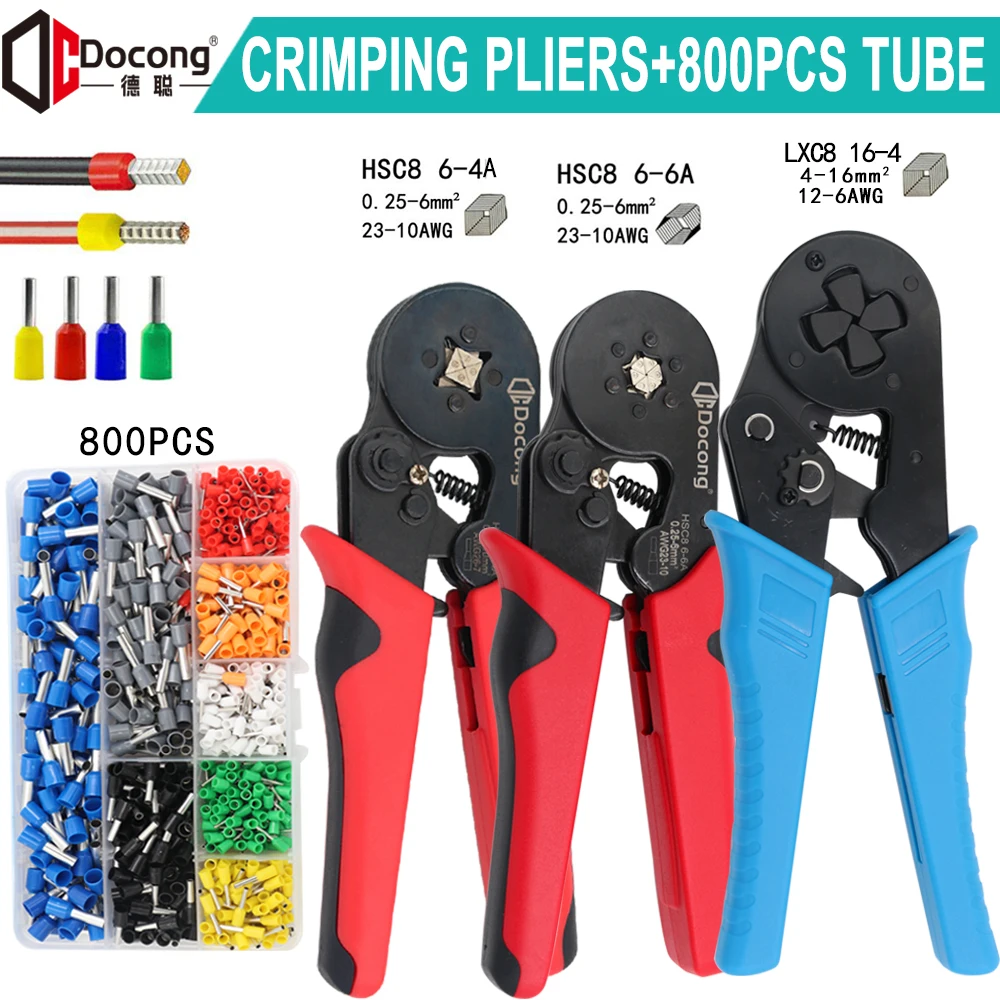 Tubular crimping tool self-adjusting pliers HSC8 6-4 / 6-6 0.25-10mm2 23-7awg LXC816-4mm2 high precision pliers 800 terminal kit
Tubular crimping tool self-adjusting pliers HSC8 6-4 / 6-6 0.25-10mm2 23-7awg LXC816-4mm2 high precision pliers 800 terminal kit