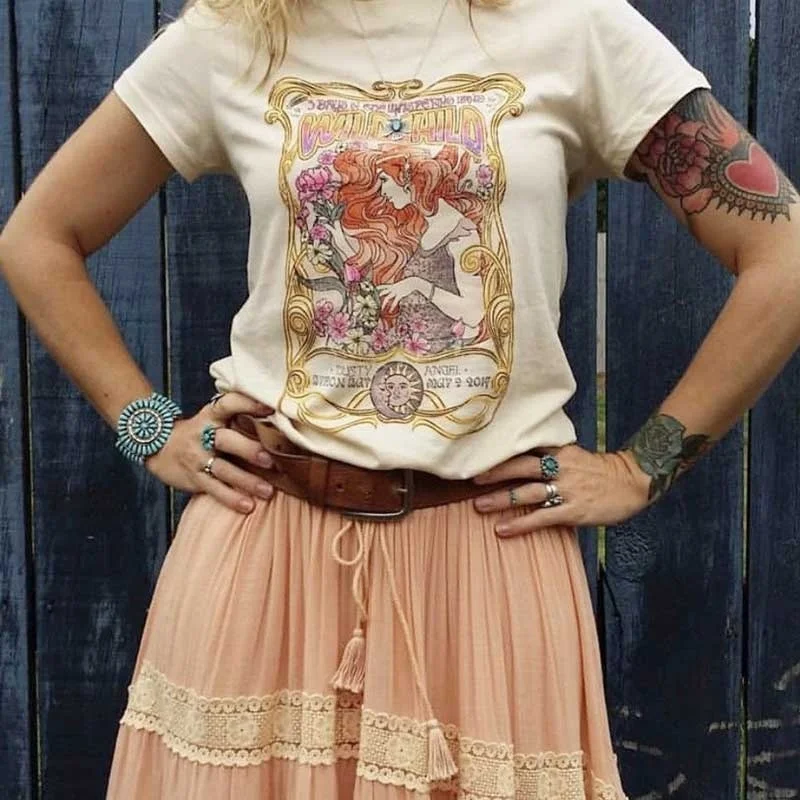 

WILD CHILD Duty Angel Printed Khaki T Shirt Boho Gypsy Girl Print T-shirt Tops Cotton Apricot O Neck Bohemian T-shirts