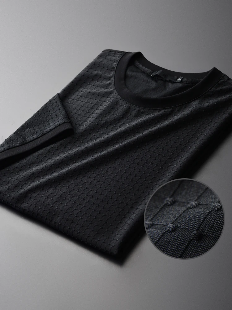 

Yarn-dyed Checked Fabric Dark Grain New O-neck Slim Fashion Men's Short Sleeve T-shirts M-3XL 4XL