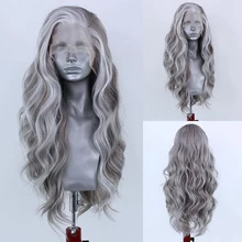 

AIMEYA Highlight Silver Grey Natural Wave Wig Mix Color Synthetic Lace Front Wigs for Women Pre Plucked Natural Hairline Wig