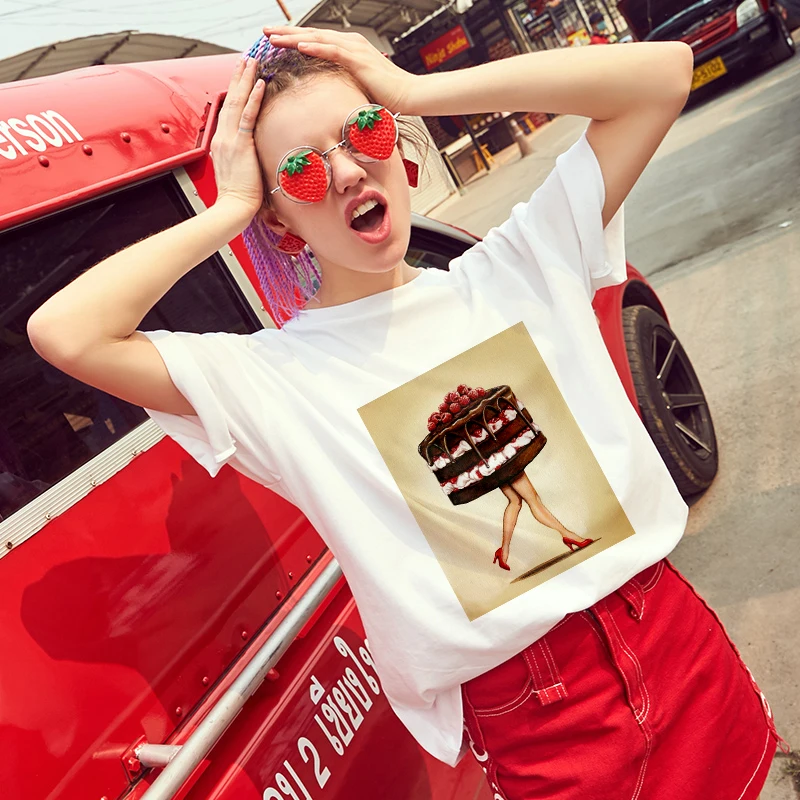 Новинка 2019 летняя футболка с принтом торта женская в стиле Харадзюку тонким
