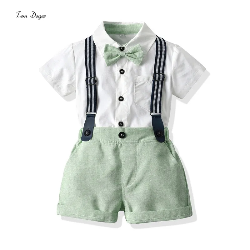 Tem Doger New Arrival Little Boys Gentleman Clothing Set Short Shirt Tops with Bowtie+Suspender Shorts Kids Casual Clothes |