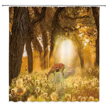 

Autumn Forest Shower Curtain Fantasy Scenery Fall Trees Cute Deer Flowers Sunlight Decor Fabric Bathroom Curtains,Waterproof