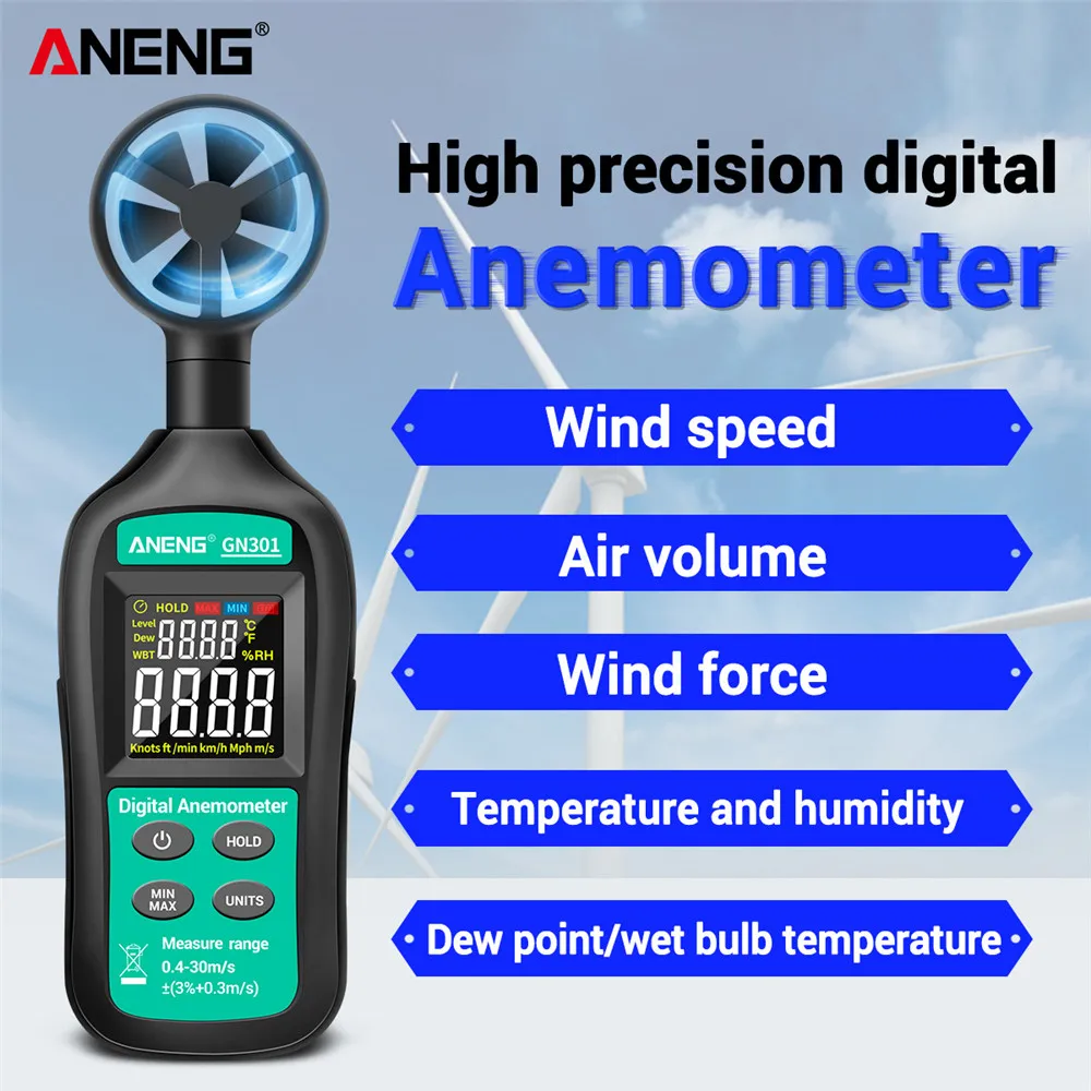 ANENG GN301 Digital Anemometer 0-30m/s Wind Speed Meter -10 ~ 45C Temperature Tester Anemometro with LCD Backlight Display
ANENG GN301 Digital Anemometer 0-30m/s Wind Speed Meter -10 ~ 45C Temperature Tester Anemometro with LCD Backlight Display