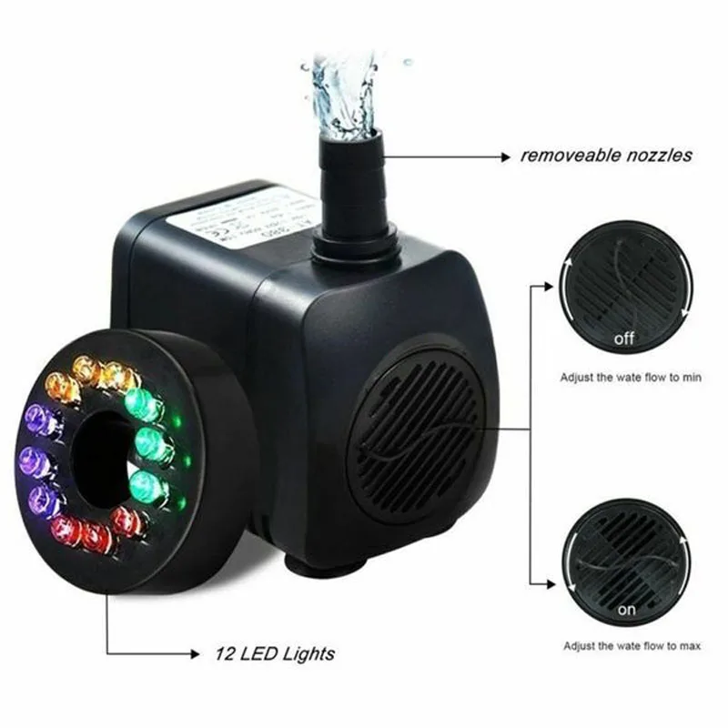 800L/H Electric Water Feature Fountain Pump With 12LED Light Garden Fish Pond 
