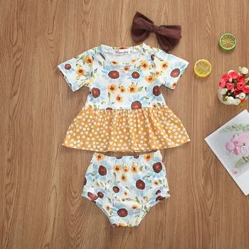 Baby Girls Fashion Sunflower Printed Top with Skirt Hem Loose Stretch Waist Shorts Two Piece Set 
Baby Girls Fashion Sunflower Printed Top with Skirt Hem Loose Stretch Waist Shorts Two Piece Set