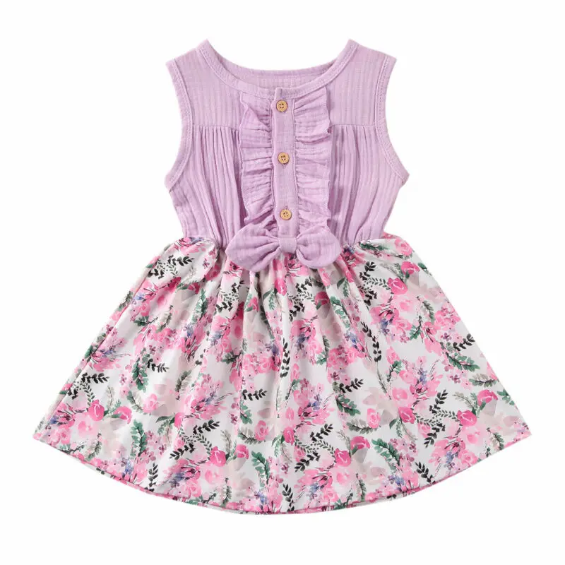 

2020 New Summer Toddler Kids Baby Girl Sleeveless Patchwork Bow Floral Dress One Pieces Princess Girls Sundress Clothes