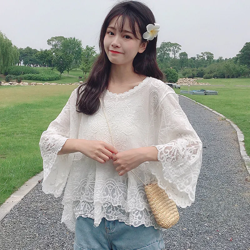 Hollow Out Flower Crochet Lace Blouse Women Summer Cover-ups Kawaii Babydoll Tops Ladies Flare Sleeve Ruffle White Lace Shirt
Hollow Out Flower Crochet Lace Blouse Women Summer Cover-ups Kawaii Babydoll Tops Ladies Flare Sleeve Ruffle White Lace Shirt