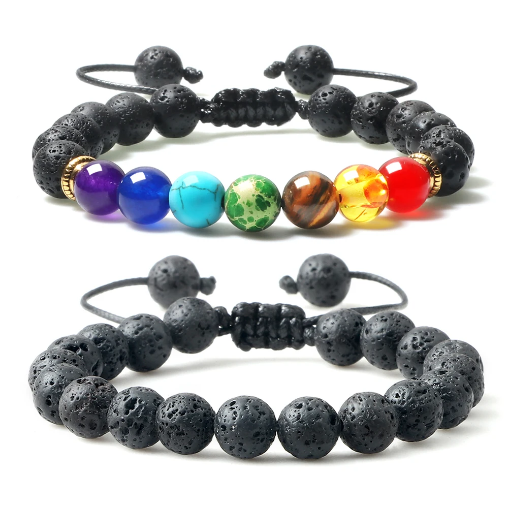 

Natural Volcanic Rock Stone Men Bracelets Reiki 7 Chakra Healing Beads Bracelet Black Lava Stretch Elephant Mala Buddha Bangles