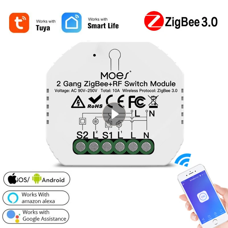 Tuya Switch Module ZigBee 3.0 Smart Light Relay 2 Gang Zigbee+rf Remote Work With Alexa Google Home | Электроника