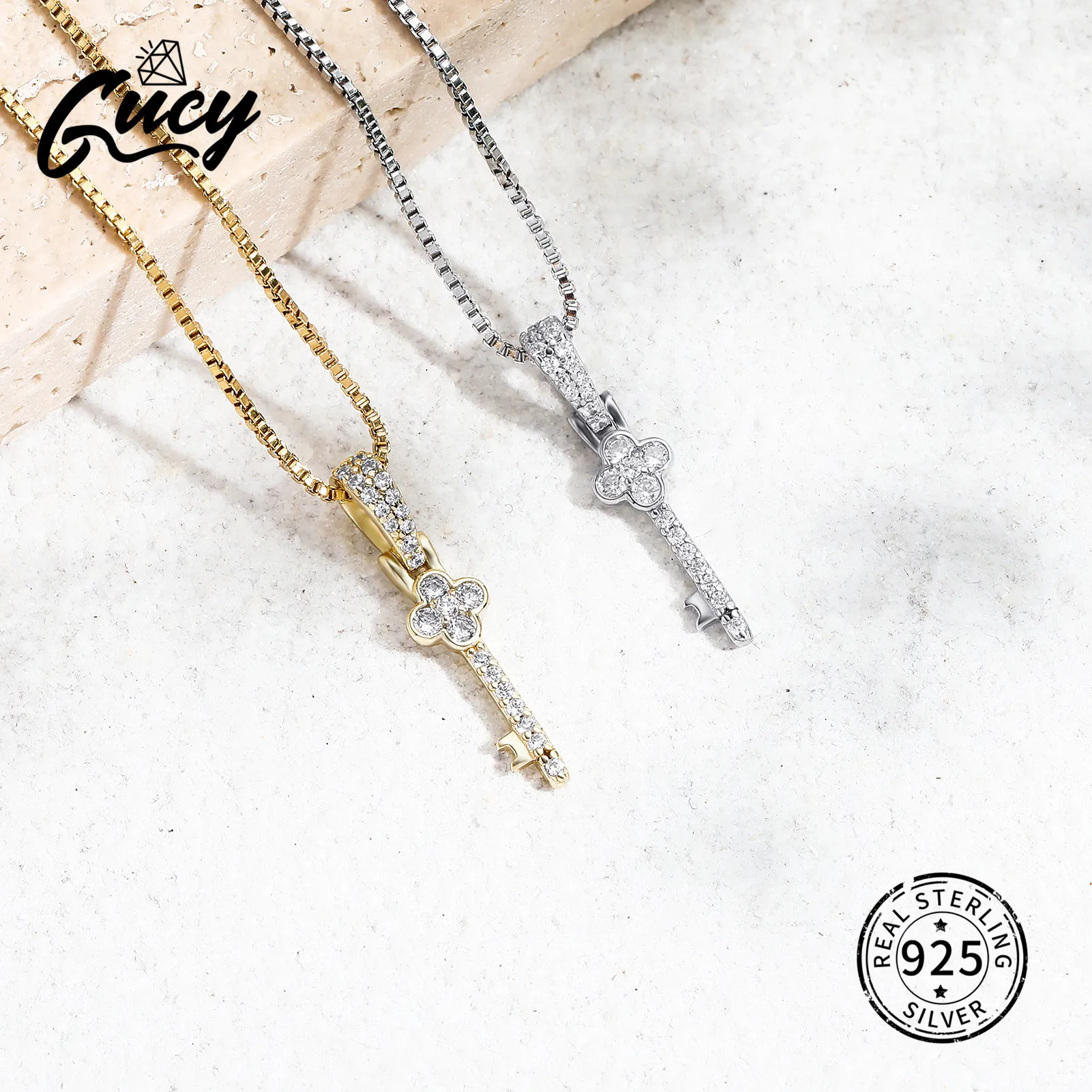 

GUCY 925 Sterling Silver Vintage Key Pendant Necklace Cubic Zirconal Women Light Luxury Temperament Dress Jewelry