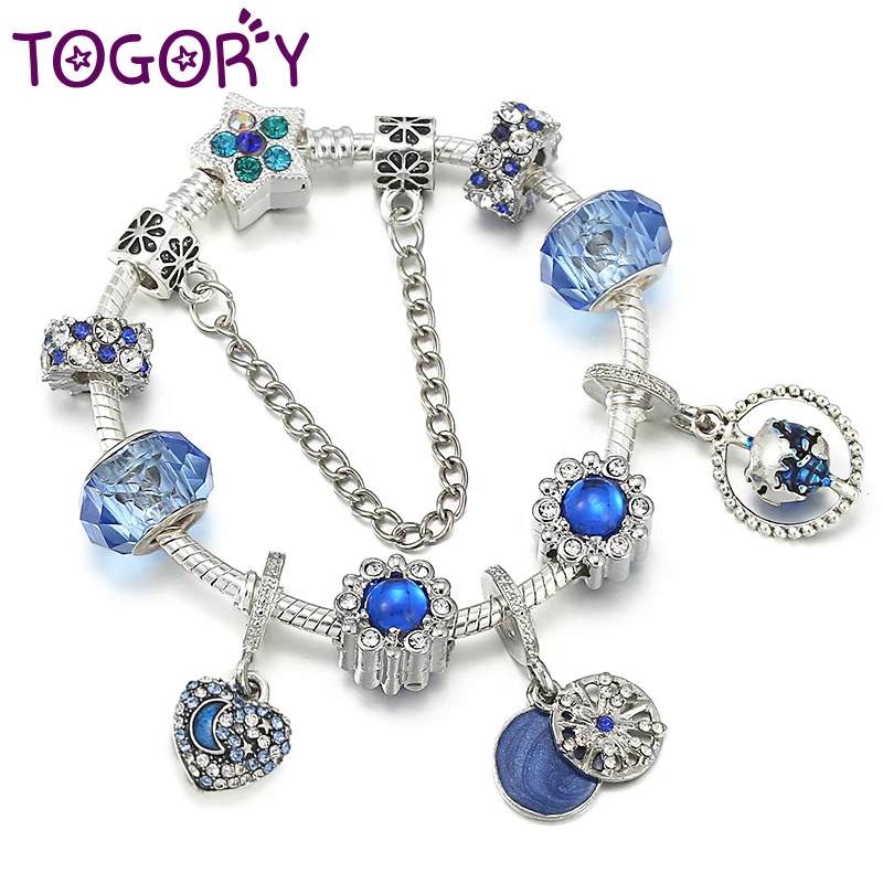 TOGORY Newest Moon & Earth Beads Pendant Bracelets With Crystal Star Snake Chain Bracelet Bangles For Women Men Jewelry Gift | Украшения