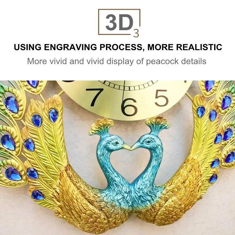 Large 3D Gold Diamond Peacock Wall Clock Metal Watch for Home Living Room Decoration DIY Clocks Crafts Ornaments Gift 62*62cm