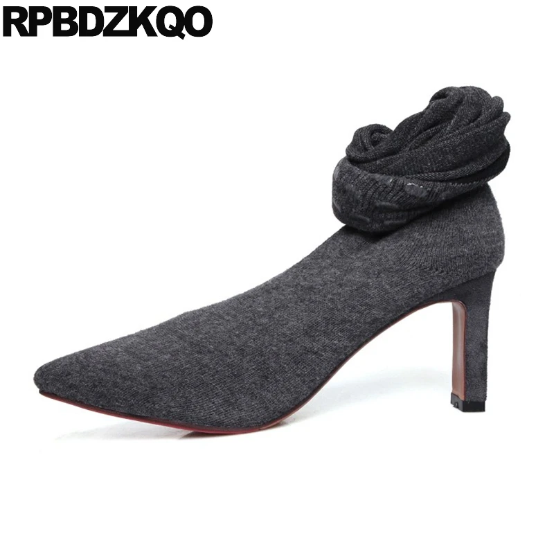 Designer Shoes Women Luxury 2021 High Heel Sock Stretch Knit Over The Knee Pointed Toe Grey Chunky Thigh Boots Big Size Slim 10 | Обувь