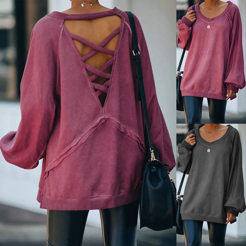 European and American Autumn and Winter Hoodies Round Neck Features Halter Cross Loose Top Solid Color
European and American Autumn and Winter Hoodies Round Neck Features Halter Cross Loose Top Solid Color