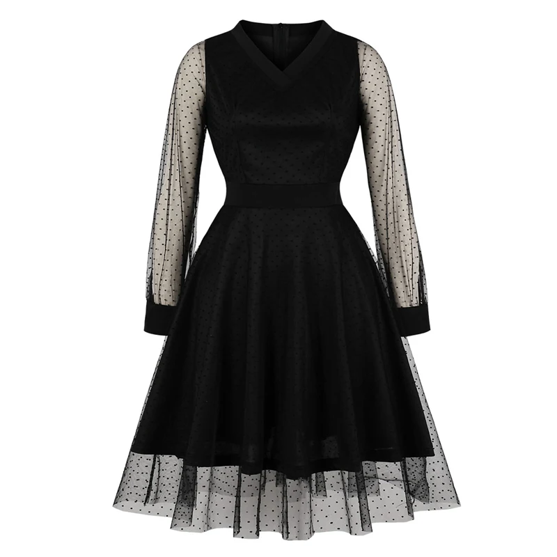 Черное Сетчатое платье Осенние наряды для Для женщин 2019 осень элегантный