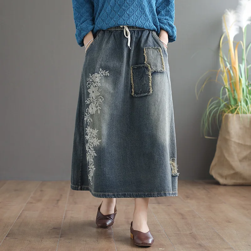 Autumn Skirt Retro Women Elastic Waist Loose Denim Skirt 2019 New Female Embroidery Patchwork Pocket Casual All-match Skirt
Autumn Skirt Retro Women Elastic Waist Loose Denim Skirt 2019 New Female Embroidery Patchwork Pocket Casual All-match Skirt