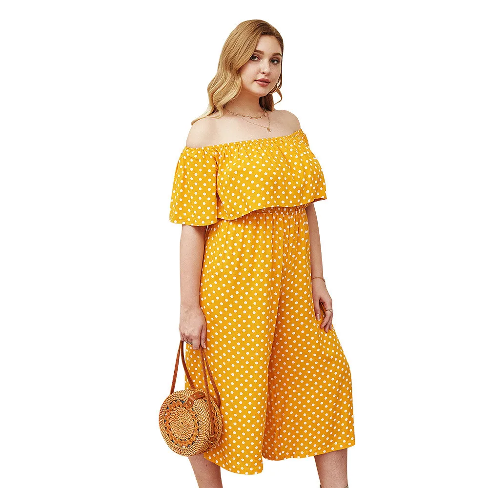 

Short-sleeved High Waist Jumpsuit Dot Print Yellow Jumpsuits Plus Size Slash Neck Loose Jumpsuits Summer Women Calf-length Pants