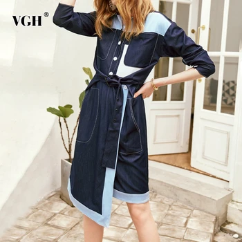 

VGH Autumn Asymmetrical Denim Female Dresses Lapel Collar Long Sleeve Hit Color Patchwork Sashes Loose Women Dress Fashion New