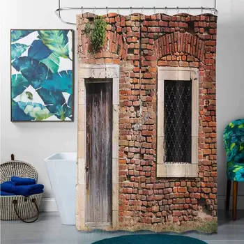 

Shower Curtains Transparent Rustic,Old Door and Window Brick Wall Suburban Area European Aged House Entrance, Brown Cream