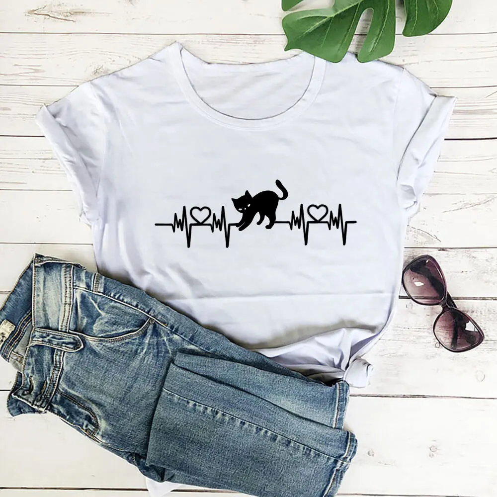 

Cute Cat Heartbeat Print 100%Cotton Women Tshirt New Arrvial Funny Summer Casual Short Sleeve Top Cat Mom Shirt Pet Lover Gift