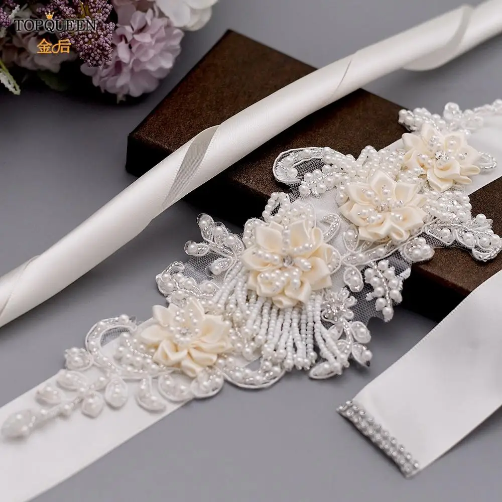 

TOPQUEEN Luxury Bridal Belt for Brides White Flower Maternity Sash Bride Accessory Pearl Belts for Women Bride Sash Ivory S346