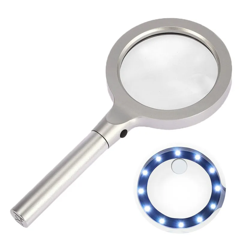 12 LED lamps 5x 10x brightness metal handheld high-definition reading metal magnifying glass with cloth bag
12 LED lamps 5x 10x brightness metal handheld high-definition reading metal magnifying glass with cloth bag