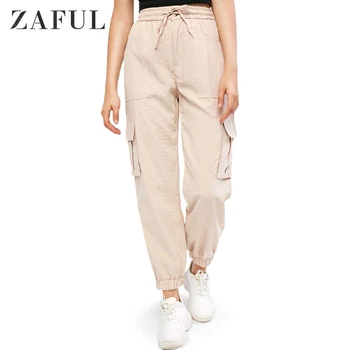 

ZAFUL Flap Pockets High Waisted Jogger Pants For Women Solid Color Drawstring Front Flat Zipper Fly Female Pants