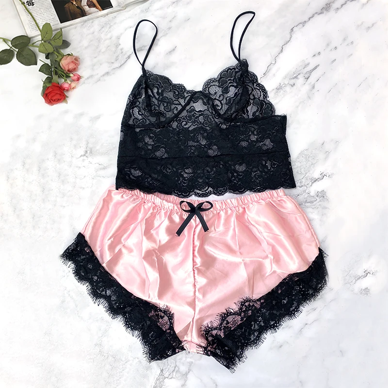 

Lace Floral Cami Top With Satin Shorts Sexy Lingerie Set Hot Women Sleepwear Sleeveless Scallop Bralette Panty Pajamas Set Femme
