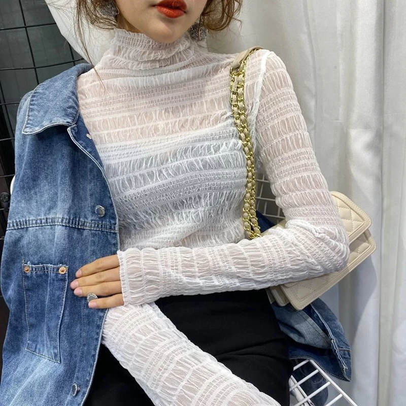 Spring Women Mesh Blouse Shirts Ladies Summer Fashion Sexy See-through Full Sleeve Soild Color Elastic Blouses Elegant Tops