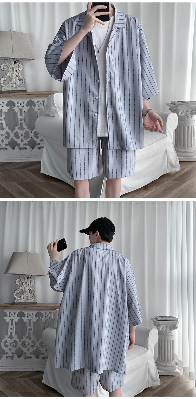 2021 Summer Men Set Shirts and Shorts Lightweight Letter Striped Half Sleeve Knee-Length Baggy Short Oversize Suit Clothing Man 2021 Summer Men Set Shirts and Shorts Lightweight Letter Striped Half Sleeve Knee-Length Baggy Short Oversize Suit Clothing Man