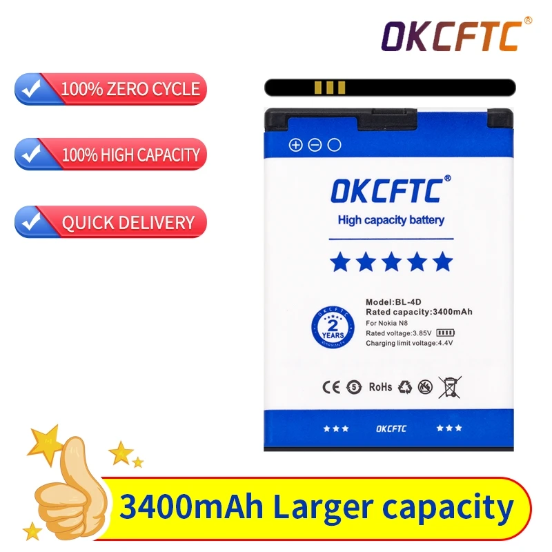 OKCFTC High Quality 3400mAh BL 4D BL-4D Battery For Nokia N97mini N8 N8-00 E5 E5-00 E7 E7-00 T7 T7-00 702T N5 808 Battery BL4D
OKCFTC High Quality 3400mAh BL 4D BL-4D Battery For Nokia N97mini N8 N8-00 E5 E5-00 E7 E7-00 T7 T7-00 702T N5 808 Battery BL4D