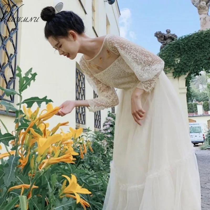 Фото Женское кружевное платье вышитая сетчатая Тюлевая тонкая элегантная Дамская