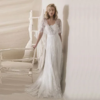 Sexy Bohemian Lace Wedding Dress V Neck Half Sleeves A Line Bridal Gown Backless Illusion Bride Dresses Robe De Mariage
Sexy Bohemian Lace Wedding Dress V Neck Half Sleeves A Line Bridal Gown Backless Illusion Bride Dresses Robe De Mariage