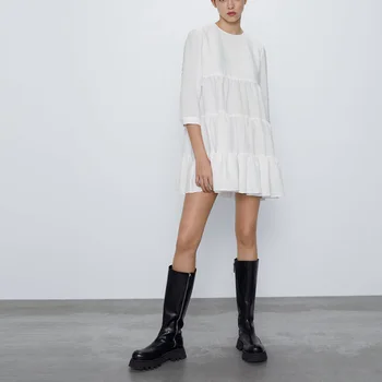 Women Causal O neck Cotton White Dress A-line Patchwork Pleated Preppy Style Vacation Beach Above Knee Dress XB606 
Women Causal O neck Cotton White Dress A-line Patchwork Pleated Preppy Style Vacation Beach Above Knee Dress XB606