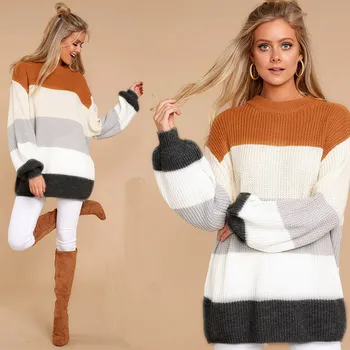 Sweater Women Winter Sweater Round Neck Stripe Colorblock Long Sleeve Loose Sweater Mini Dress Wholesale Free Ship платье Z4
Sweater Women Winter Sweater Round Neck Stripe Colorblock Long Sleeve Loose Sweater Mini Dress Wholesale Free Ship платье Z4