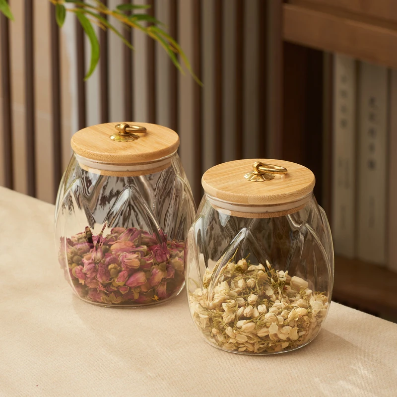 

Transparent Glass Storage Jar Household Lotus Pattern Sealed Tea Lid Jewelry Cosmetic Cotton Swab Box Desktop Snack Storage Box