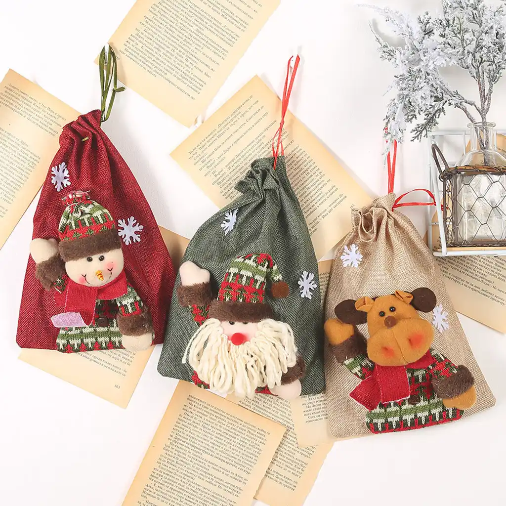 christmas linen drawstring gift bag large candy bag holiday