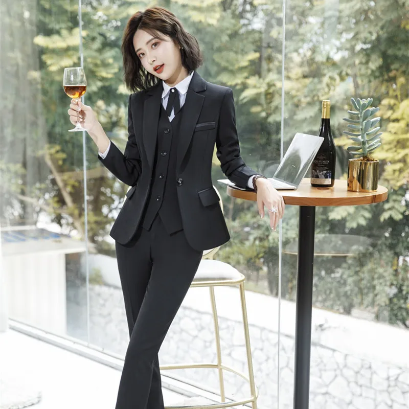 

Женский брючный костюм, черный деловой костюм из двух предметов, блейзер и брюки для офиса на весну и осень, 2023