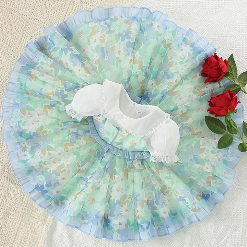 

Baby girl summer Lolita floral printed dress kids puff sleeve casual peter pan collar stitching ball gown dress