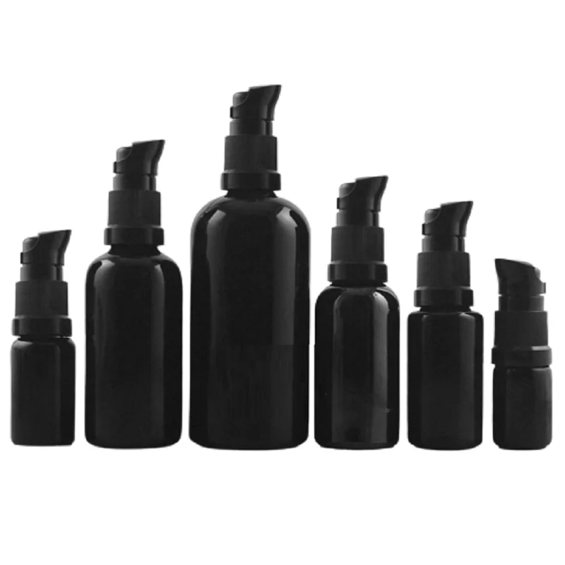 

100ml 50ml 30ml 20ml 15ml 10ml 5ml Empty Black Glass Portable Lotion Press Pump Refillable Bottle Essential Oil Packaging Vials