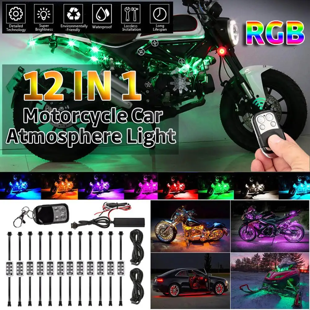12IN1 RGB 72 LED Smart Brake Lights Motorcycle Car Atmosphere Light with Wireless Remote Control Moto Decorative Strip Lamp Kit
12IN1 RGB 72 LED Smart Brake Lights Motorcycle Car Atmosphere Light with Wireless Remote Control Moto Decorative Strip Lamp Kit