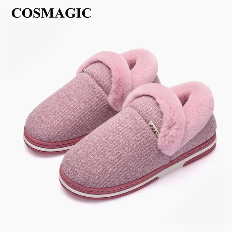 Новинка 2019 зимние женские меховые домашние тапочки COSMAGIC Мокасины плоская обувь