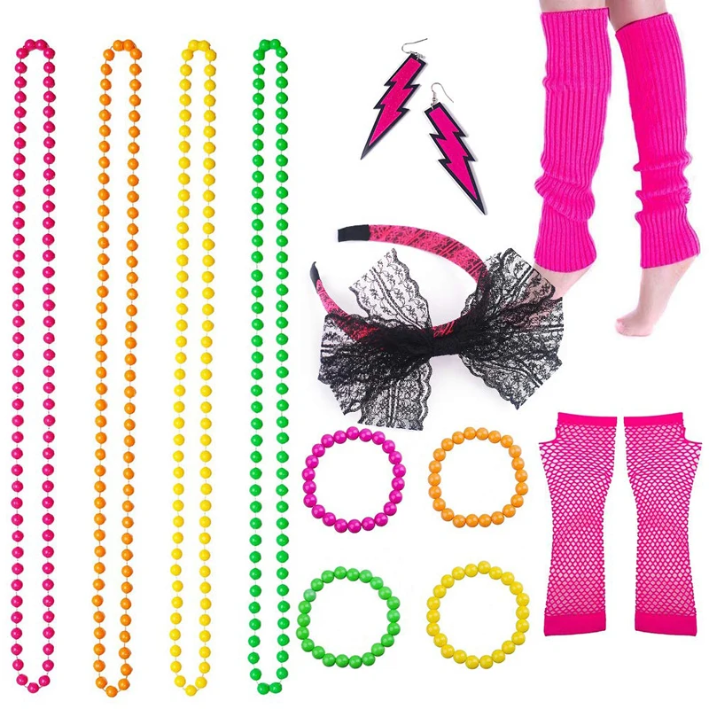 

80s Fancy Dress Accessories Neon Necklace Bracelet Earrings Fishnet Gloves Leg Warmers Lace Headband 1980s Party Accessories Set