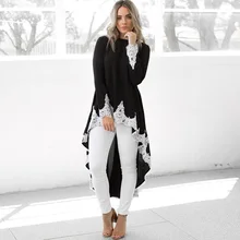 Elegante Patchwork Vestido de Renda para As Mulheres 2019 Coreano Manga Longa Túnica Ocasional Primavera Vestido de Alta Baixa Hem Plus Size Verão vestido de verão(China)