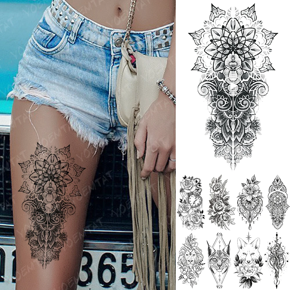 

Waterproof Temporary Tattoo Sticker Snake Flower Rose Flash Tattoos Lace Fox Lion Tree Body Art Arm Fake Sleeve Tattoo Women