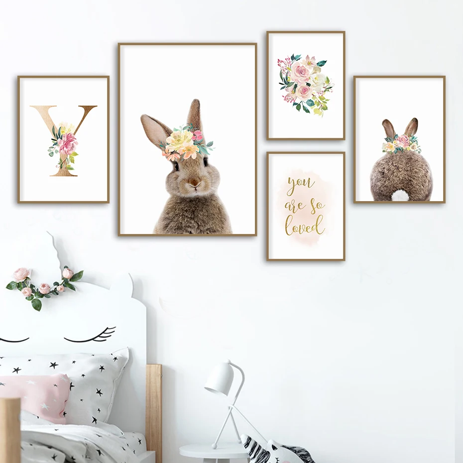 Картина на холсте с изображением кролика и розовых букв заказ украшение для
