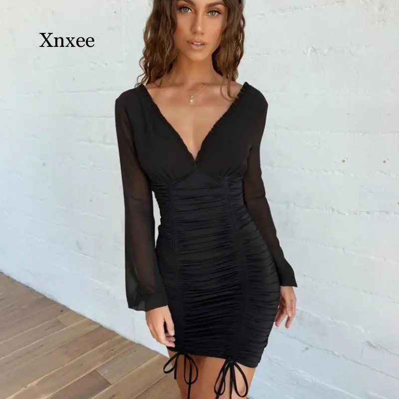 

Solid Sexy Party Dresses Women Mesh Long Sleeve V-Neck Slim Spliced Drawstring Ruched Bodycon Elastic Lady Casual Dress