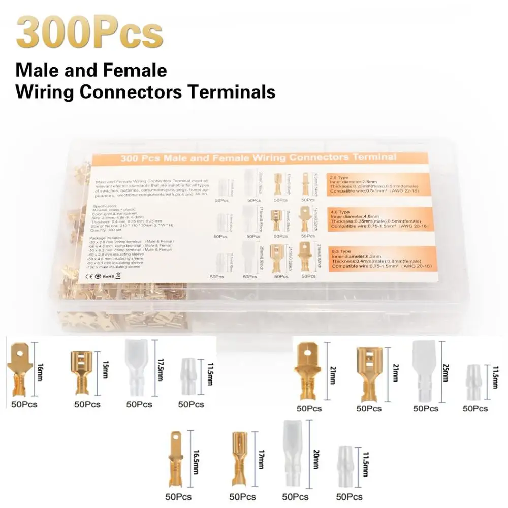 300pcs male and female wiring connectors terminal kit crimp terminal insulting sleeve Spade Connectors Assortment Kit
300pcs male and female wiring connectors terminal kit crimp terminal insulting sleeve Spade Connectors Assortment Kit